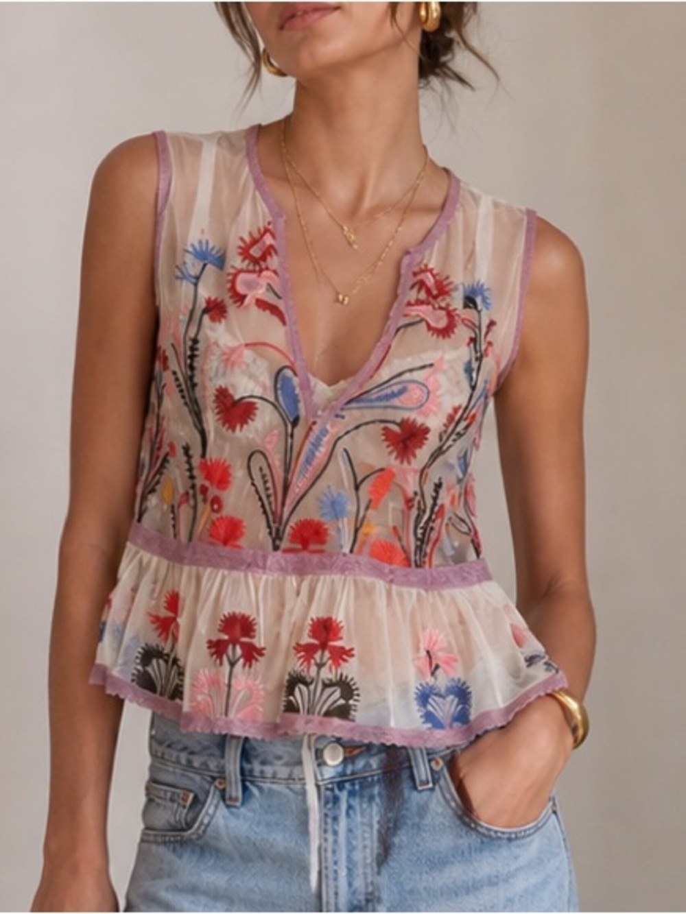By Anthropologie Floral Embroidered Sheer Mesh Tank Size XL NWT